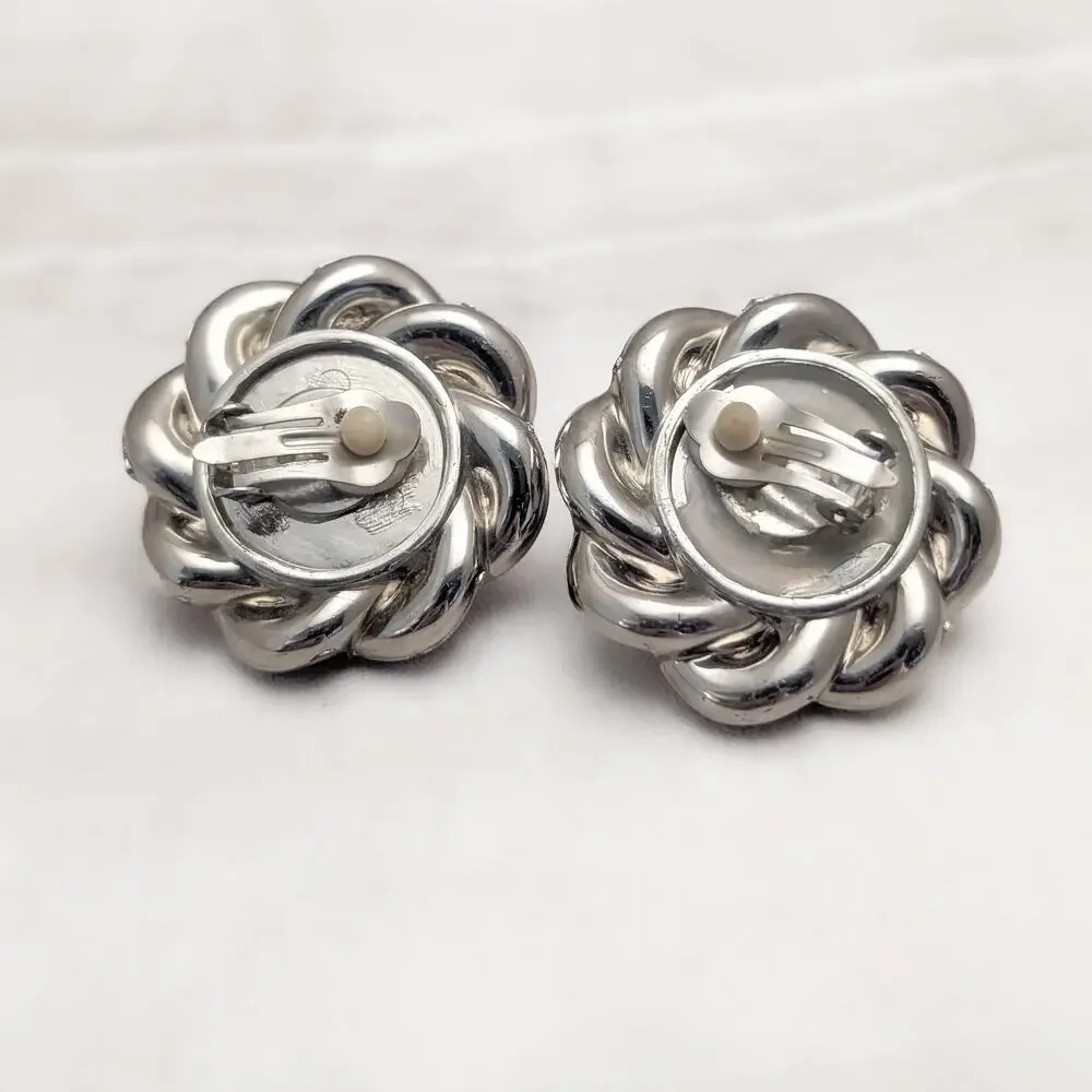 Vintage Clip On Earrings Extra Large Silver Tone Chunky Twist Halo Statement